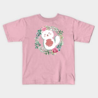 Cute Cat With Flowers and pink background Kids T-Shirt